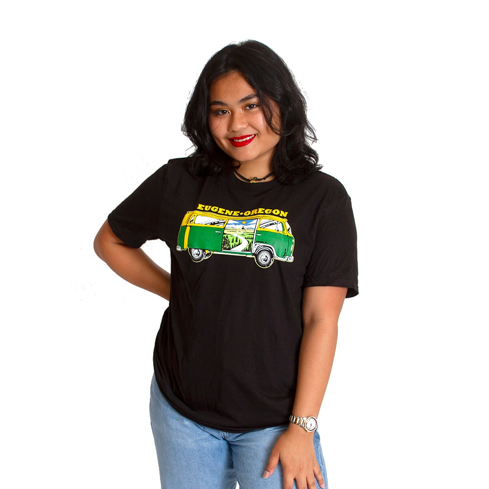 Eugene, McKenzie SewOn, Black, Crew Neck, Cotton, Men, Unisex, 2021, Green Van, Mountain, River, Stream, T-Shirt, 507129